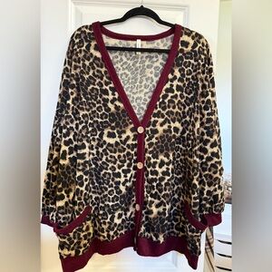 Emerald Brand Leopard Print Cardigan with Burgundy Trim